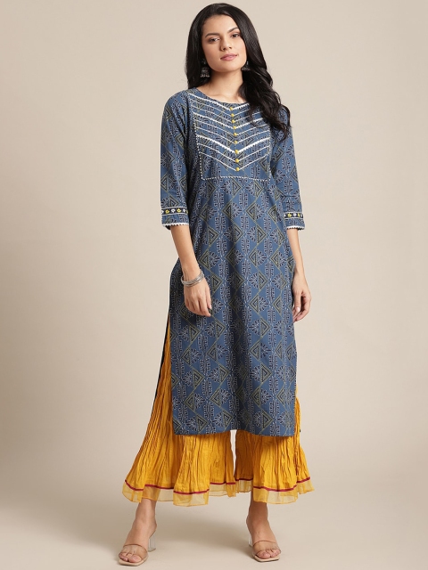 

Varanga Women Navy Blue & Yellow Ethnic Motifs Printed Kurta