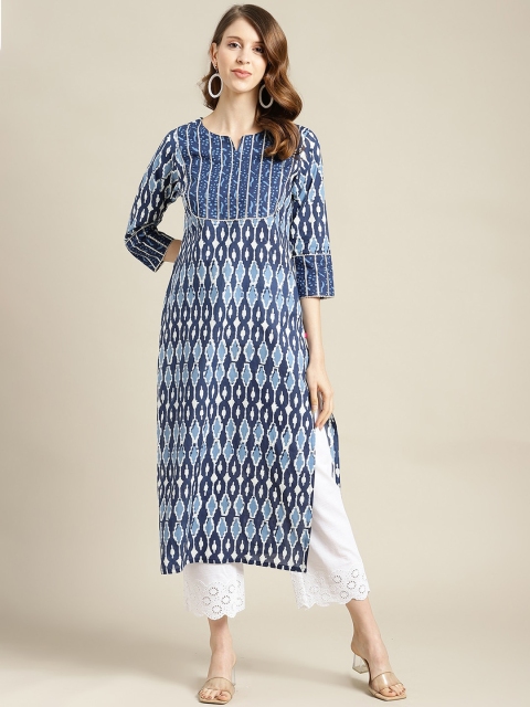 

Varanga Women Blue & White Geometric Printed Keyhole Neck Extended Sleeves Kurta
