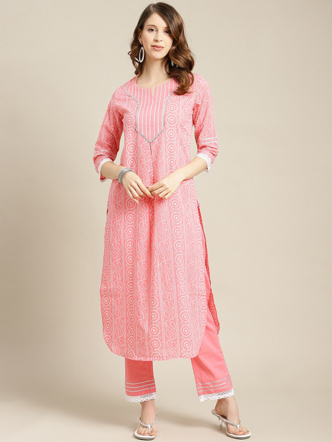 

Varanga Women Peach-Coloured & White Bandhani Printed Pure Cotton Kurta with Trousers