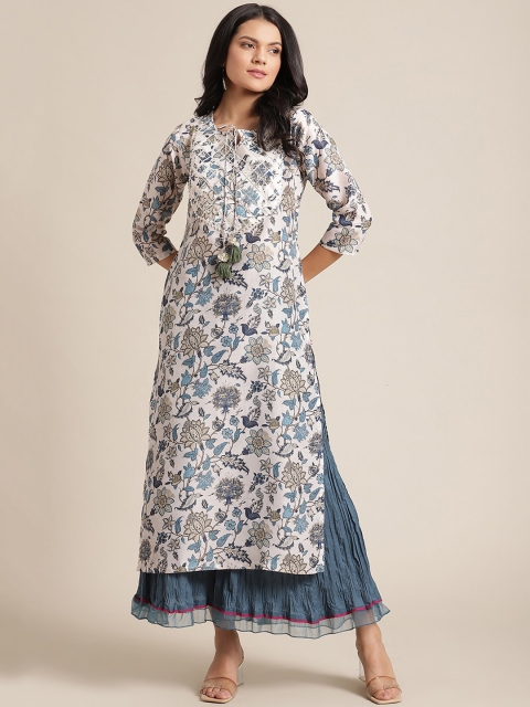 

Varanga Women Cream-Coloured & Blue Floral Printed Keyhole Neck Kurta