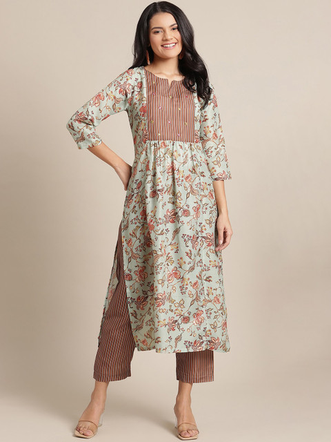 

Varanga Women Sea Green Floral Printed Panelled Mirror Work Kurta with Trousers