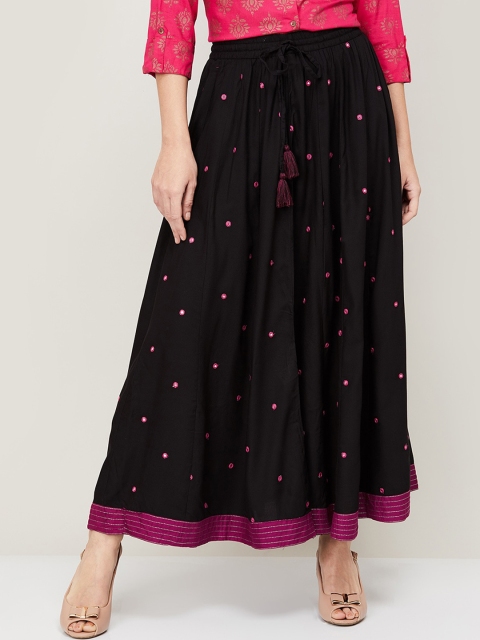 

Melange by Lifestyle Women Black & Pink Mirror Embroidered Flared Maxi Skirt