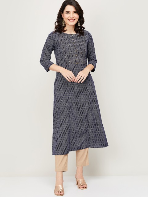 

Melange by Lifestyle Women Navy Blue & White Geometric Printed Cotton Kurta