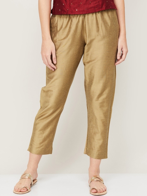 

Melange by Lifestyle Women Solid Gold-Toned Cigarette Trousers