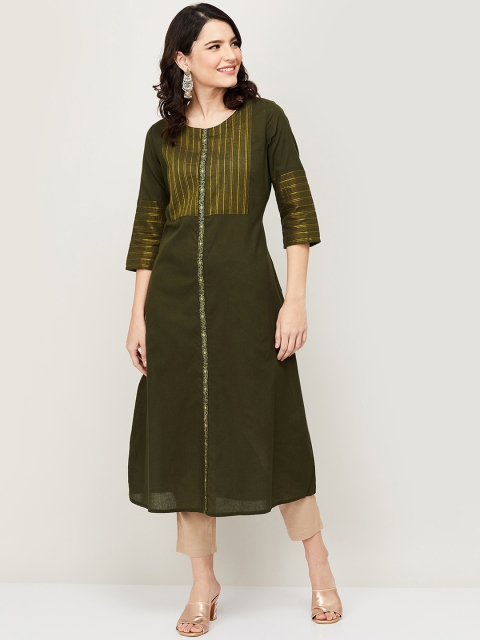 

Melange by Lifestyle Women Green & Gold Printed Thread Work Kurta