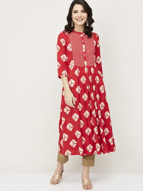 

Melange by Lifestyle Women Red & Off White Bandhani Dyed Keyhole Neck Kurta