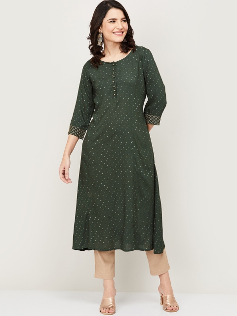 

Melange by Lifestyle Women Green & Gold Polka Dot Printed Kurta