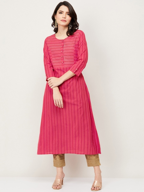 

Melange by Lifestyle Women Pink Striped Thread Work Cotton Kurta