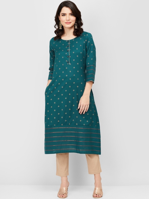 

Melange by Lifestyle Women Green & Gold Ethnic Motifs Cotton Kurta