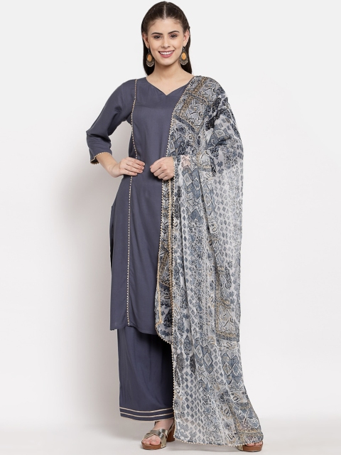

Myshka Women Grey Regular Pure Cotton Kurta with Trousers & With Dupatta