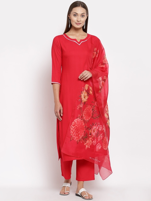 

Myshka Women Red Regular Pure Cotton Kurta with Trousers & With Dupatta