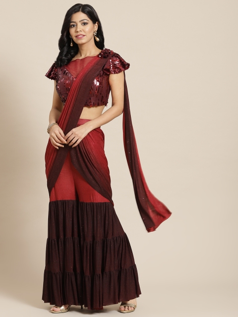 

Mitera Maroon Embroidered Ready to wear Sharara sari