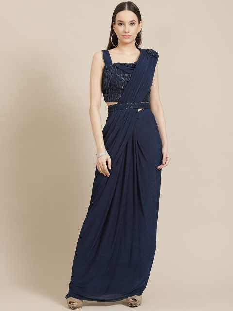 

Mitera Navy Blue Solid Sequinned Ready to Wear Saree
