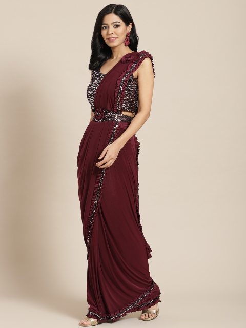 

Mitera Burgundy Embroidered Ready to Wear Saree