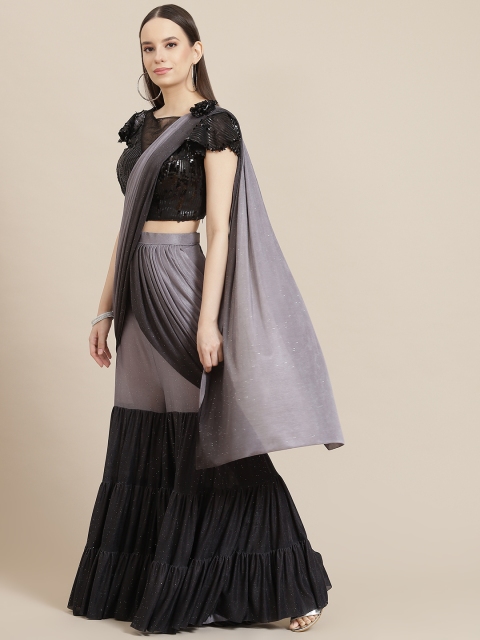 

Mitera Grey & Black Colourblocked Sequinned Sharara Saree