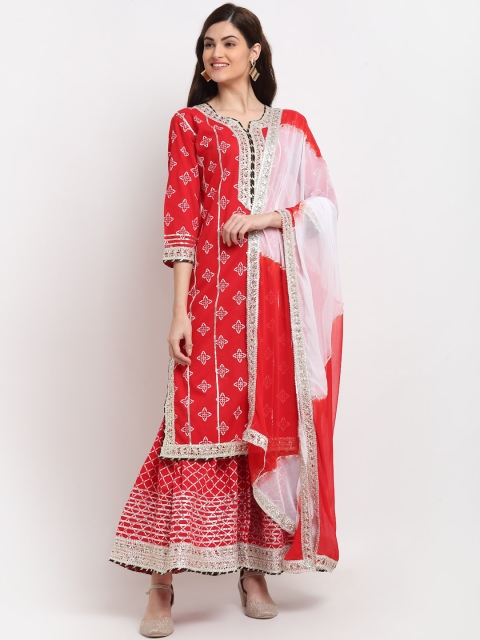 

ANAISA Women Red Embroidered Regular Gotta Patti Pure Cotton Kurta& Sharara & With Dupatta