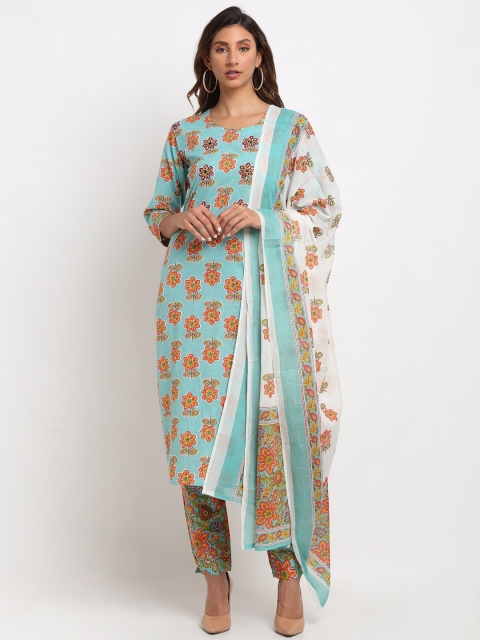 

ANAISA Women Turquoise Blue Floral Printed Regular Pure Cotton Kurta with Trousers