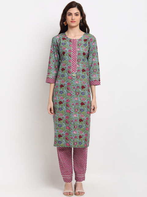 

ANAISA Women Green Floral Printed Panelled Pure Cotton Kurta with Trousers