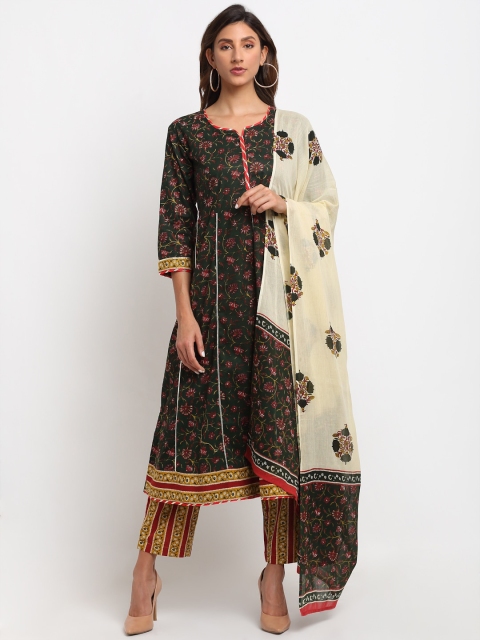 

ANAISA Women Green Ethnic Motifs Printed Panelled Gotta Patti Pure Cotton Kurta with Trousers & With Dupatta