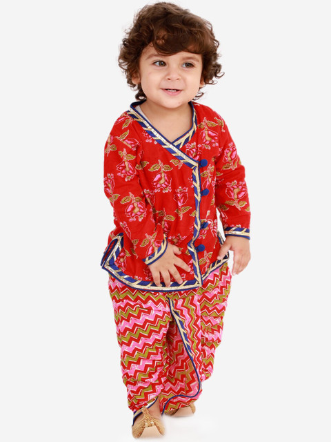 

KID1 Boys Red & Pink Ethnic Motifs Printed Angrakha Pure Cotton Kurta with Dhoti Pants
