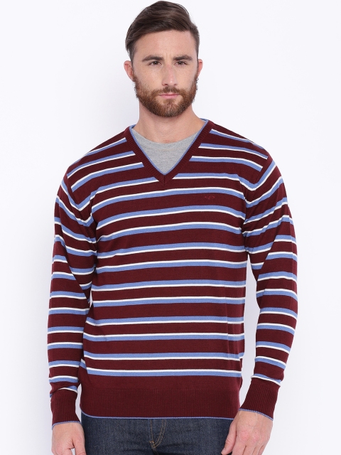 

ColorPlus Men Burgundy & Blue Striped Sweater