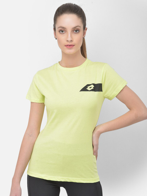 

Lotto Women Lime Green Black Brand Logo Printed Pure Cotton T-shirt