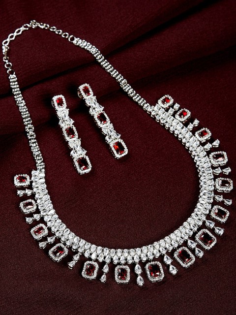 

GloBox By ZeroKaata Rhodium-Plated Silver-Toned Red & White American Diamond Studded Handcrafted Jewellery Set