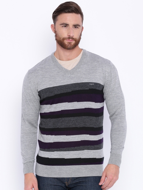 

ColorPlus Men Grey & Purple Striped Pullover Sweater
