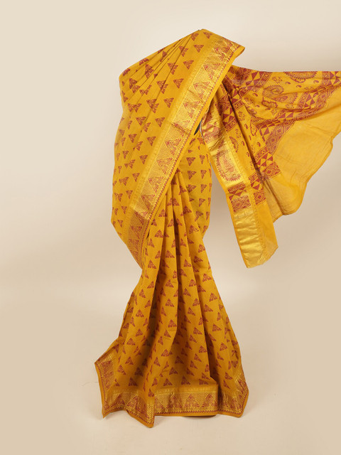 

Pothys Mustard & Red Ethnic Motifs Zari Pure Cotton Saree