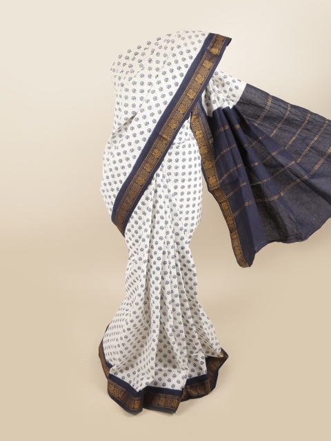 

Pothys White & Navy Blue Floral Zari Pure Cotton Saree