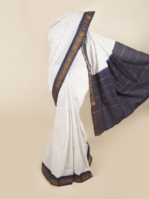 

Pothys Women White & Navy Blue Pure Cotton Geometric Printed Saree