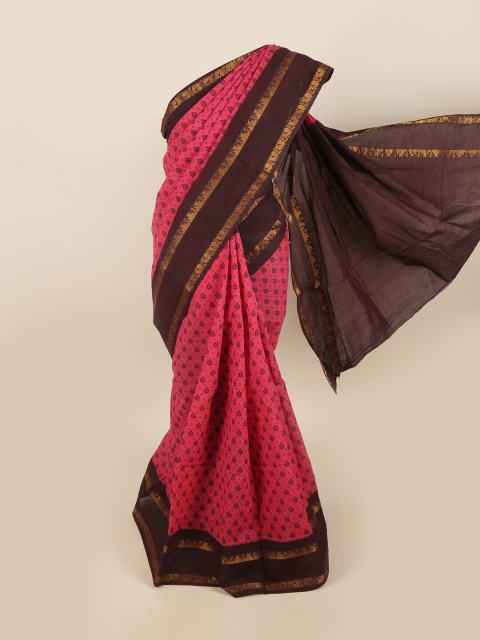 

Pothys Magenta & Brown Pure Cotton Ethnic Motifs Printed Saree