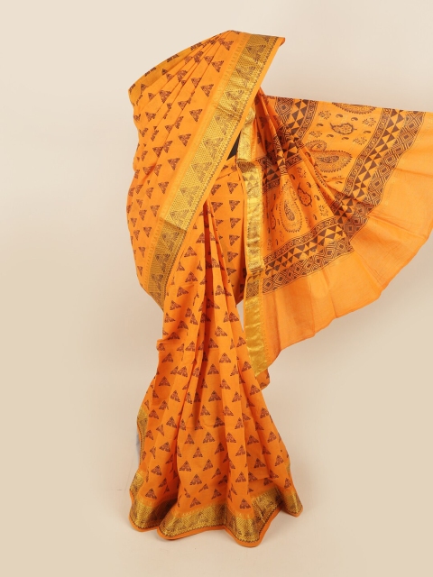 

Pothys Yellow & Brown Pure Cotton Floral Printed Saree