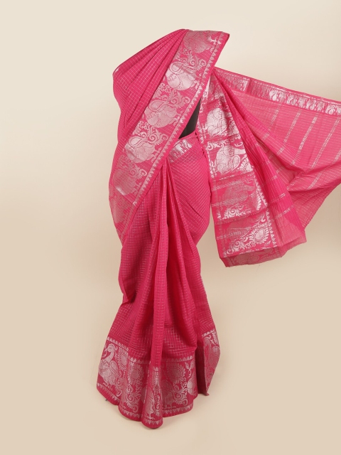 

Pothys Pink & Silver-Toned Pure Cotton Woven Designed Saree