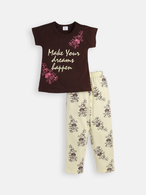 

Todd N Teen Girls Brown & White Cotton Printed Night suit