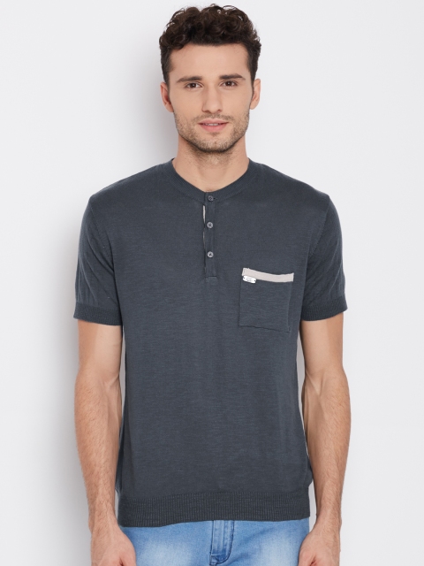 

John Players Men Grey Solid Henley Neck Pure Cotton T-shirt
