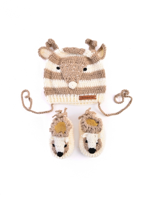 

The Original Knit Unisex Kids Beige & Brown Handmade Booties And Beanie