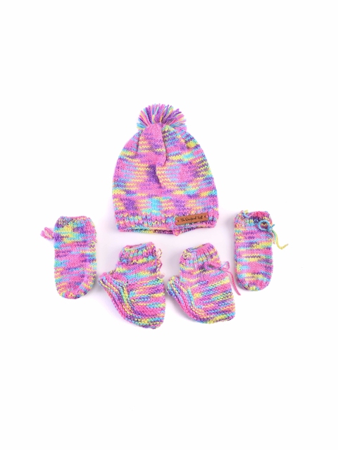 

The Original Knit Kids Purple & Yellow Beanie Handmade Cap, Booties and Mittens