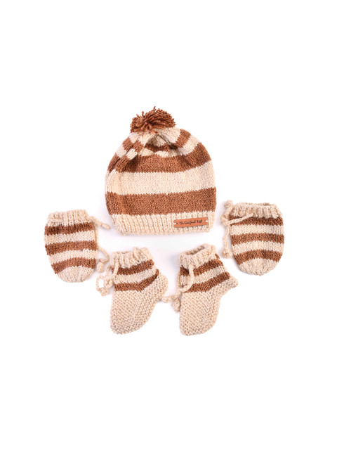 

The Original Knit Kids Beige & Brown Striped Handmade Knitted Cap With Socks & Mitten