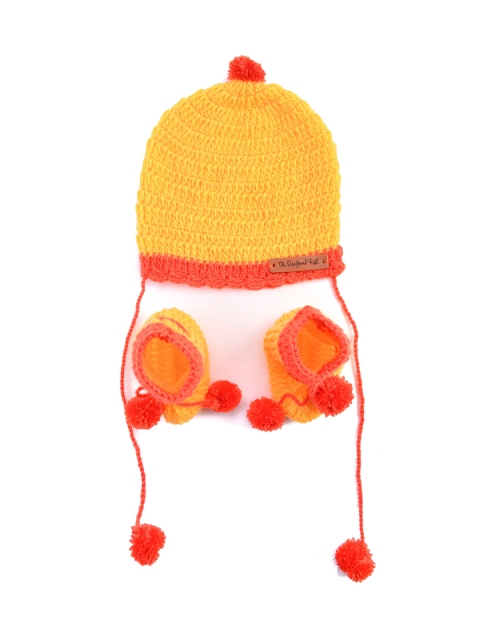

The Original Knit Unisex Kids Yellow & Orange Colourblocked Pom-pom Cap & Booties