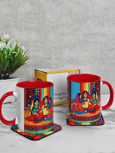 

All Things Sundar Pack Of 2 Multicolor Printed Ceramic Mugs, Red