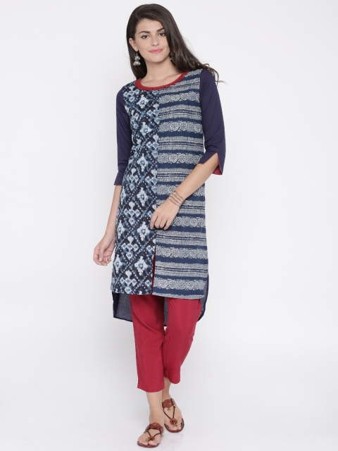 

Anouk Women Navy Printed A-Line Kurta, Navy blue