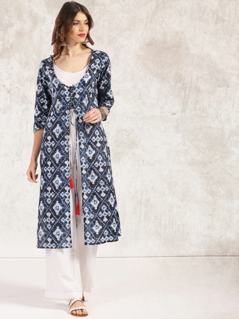 

Anouk Women Blue Printed Straight Kurta with High Slit