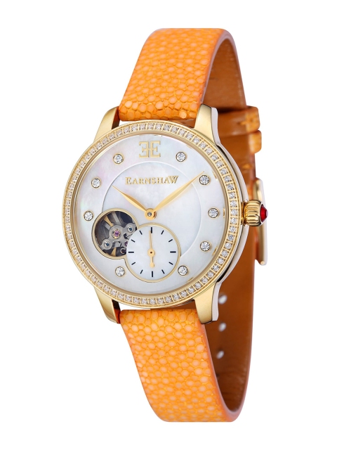 

EARNSHAW Women White Embellished Dial & Yellow Leather Straps Analogue Automatic Motion Powered Watch