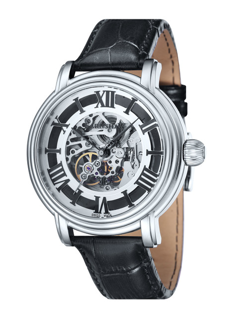 

EARNSHAW Men Silver-Toned Skeleton Dial & Black Leather Straps Analogue Automatic Motion Powered Watch