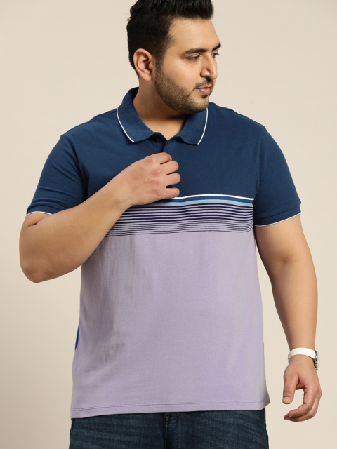 

Sztori Men Plus Size Navy Blue & Lavender Pure Cotton Colourblocked Polo Collar T-shirt
