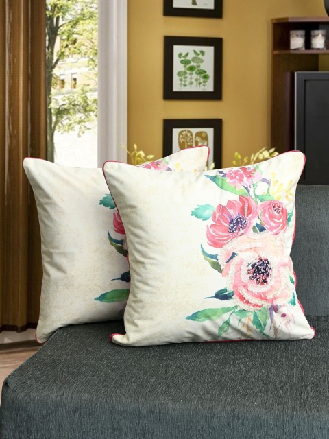 

AMOROSA White & Pink Set of 2 Embroidered Velvet Square Cushion Covers