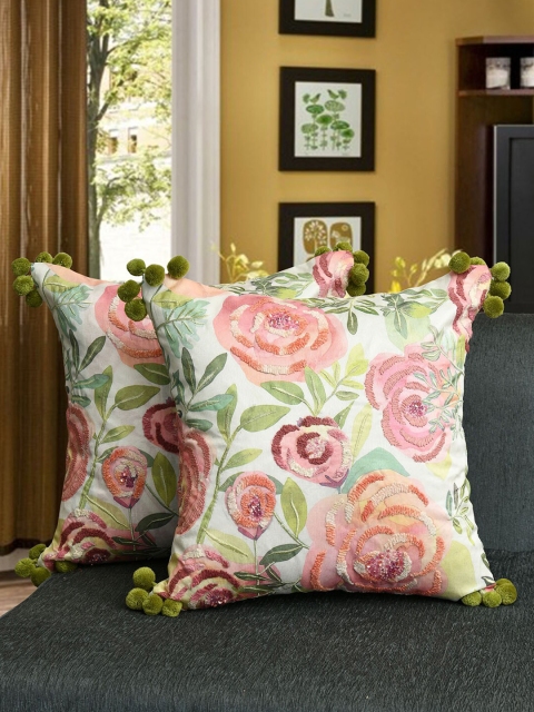 

AMOROSA White & Pink Set of 2 Floral Velvet Square Cushion Covers
