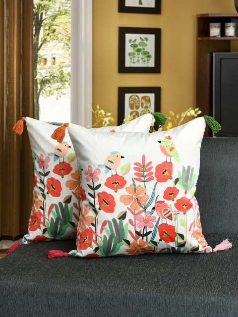 

AMOROSA White & Pink Set of 2 Floral Velvet Square Cushion Covers