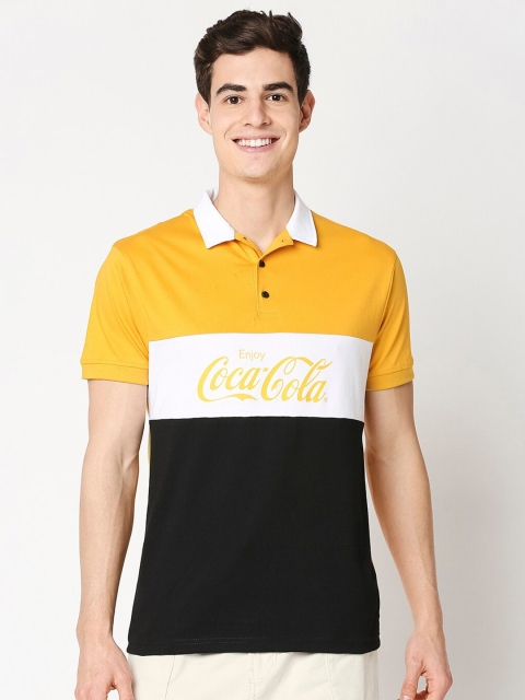 

Bewakoof Men Black & Yellow Typography Colourblocked Polo Collar T-shirt